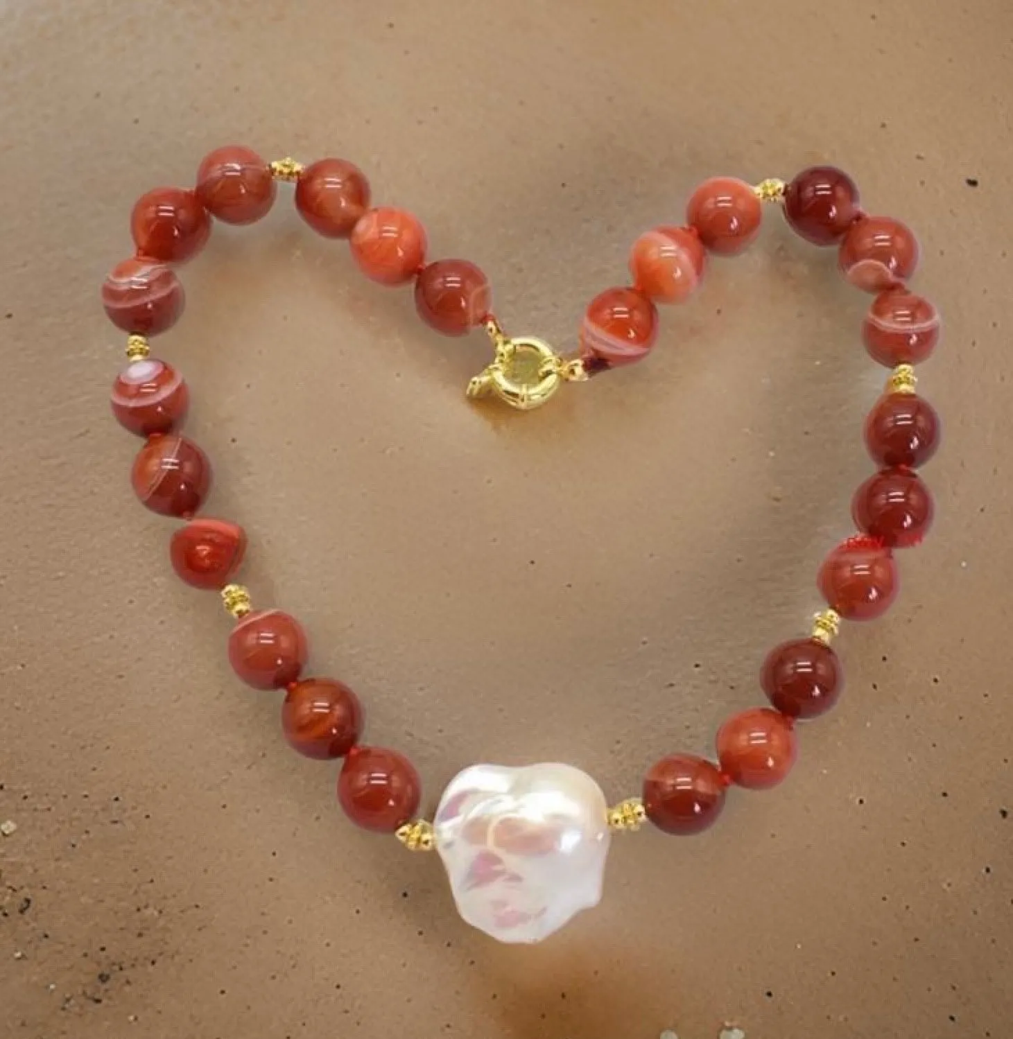 14mm Orange-Striped Agate & Pearl Gemstone Statement Necklace 18”