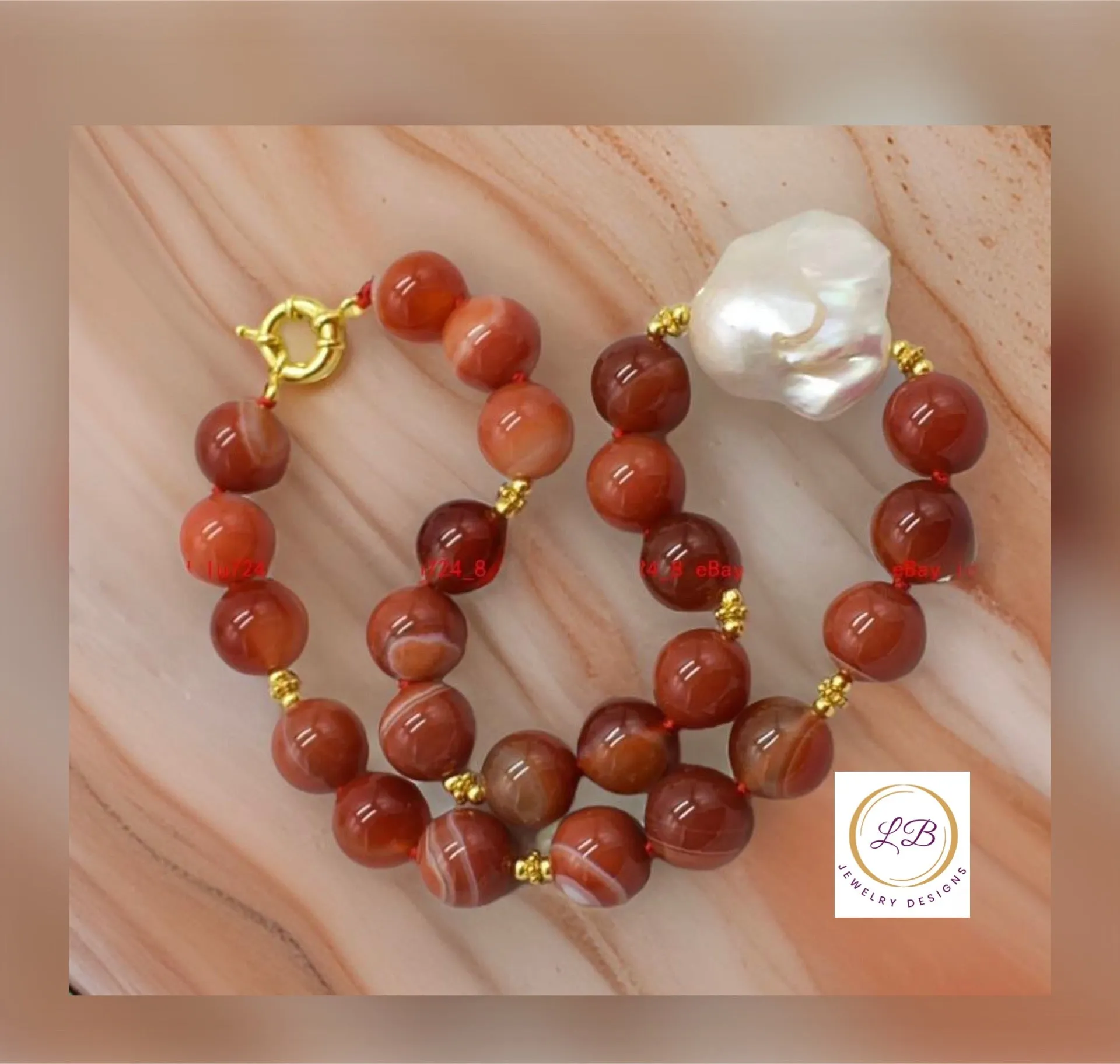 14mm Orange-Striped Agate & Pearl Gemstone Statement Necklace 18”