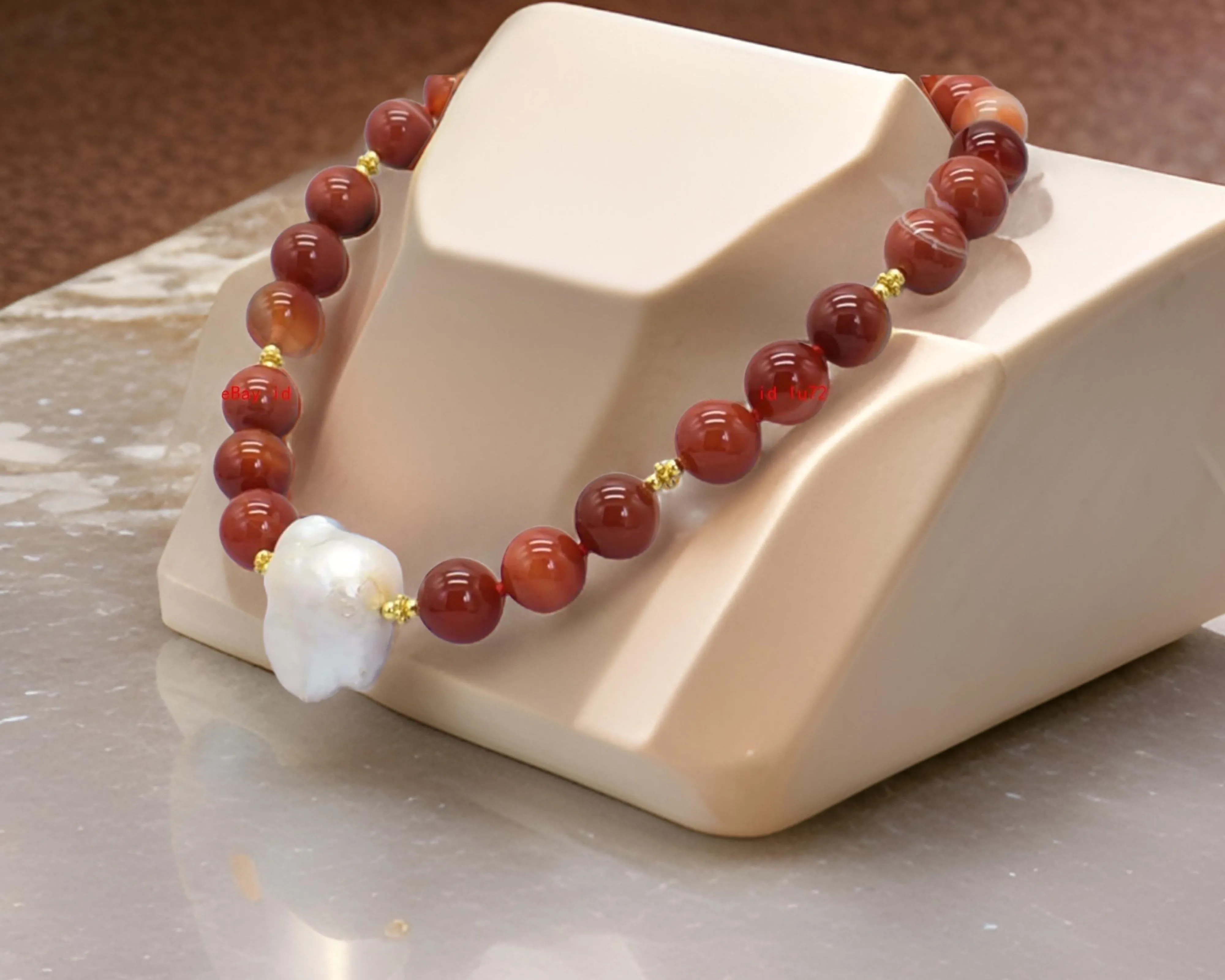14mm Orange-Striped Agate & Pearl Gemstone Statement Necklace 18”