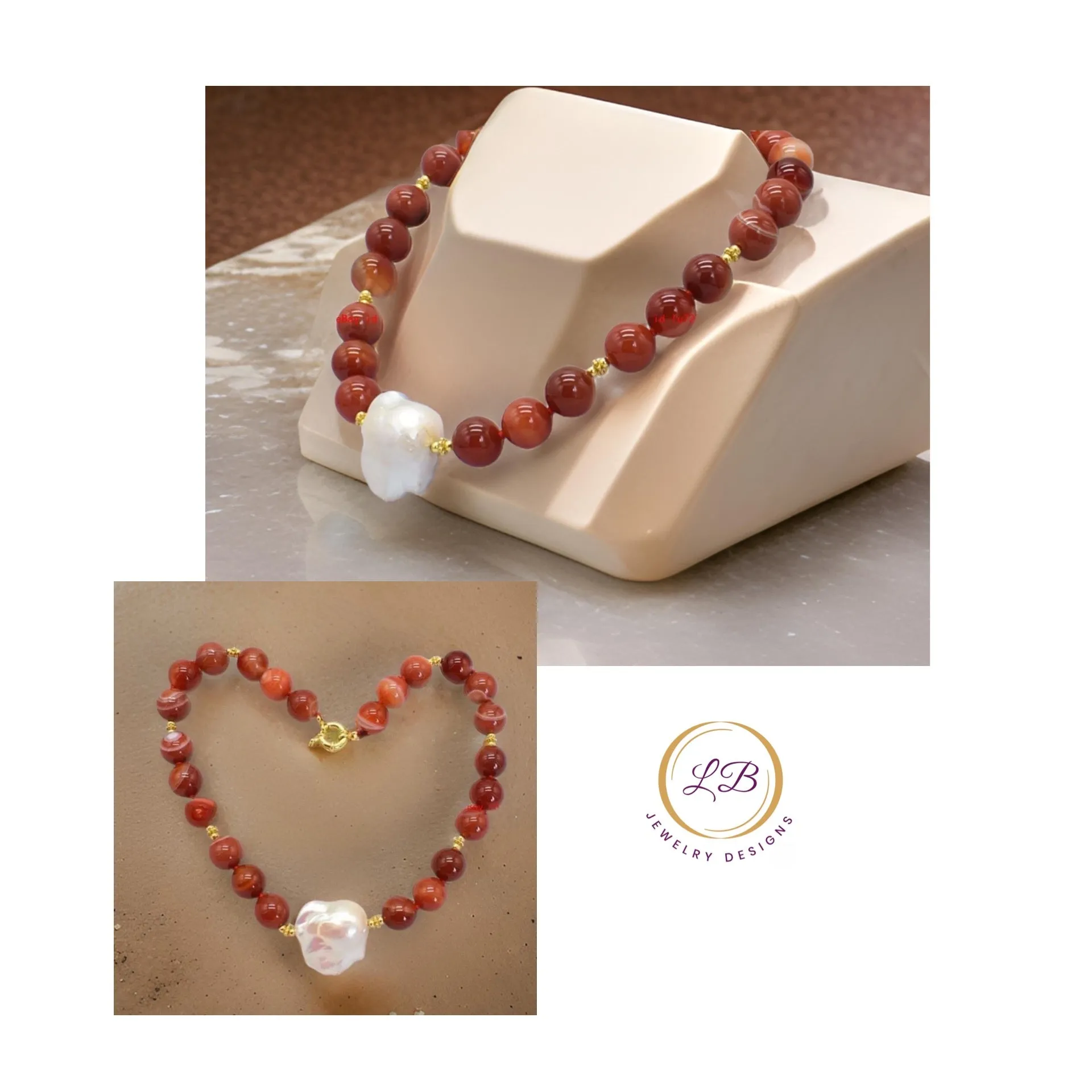 14mm Orange-Striped Agate & Pearl Gemstone Statement Necklace 18”