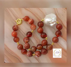 14mm Orange-Striped Agate & Pearl Gemstone Statement Necklace 18”