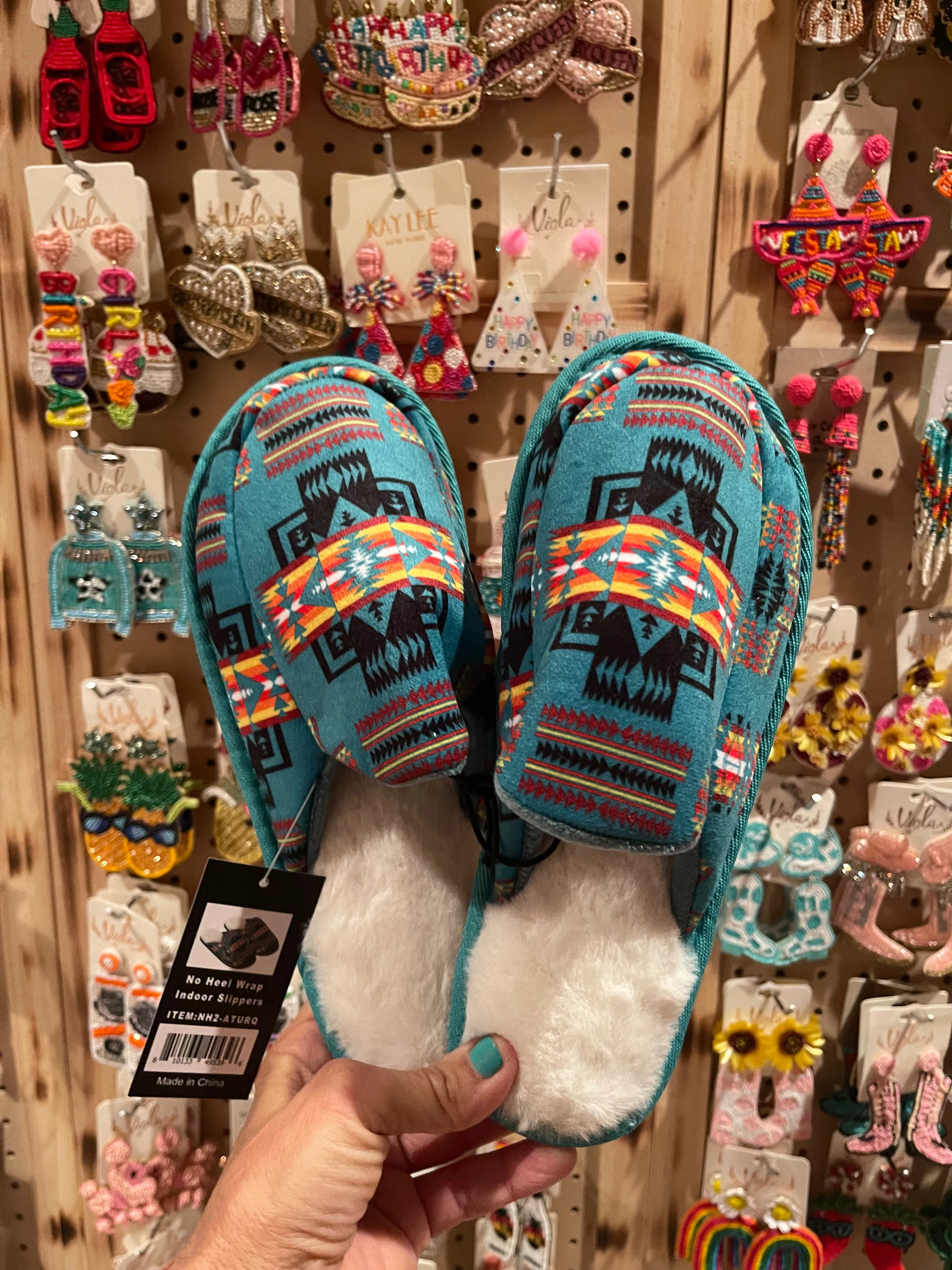 Adult aztec slippers in turquoise NO HEEL