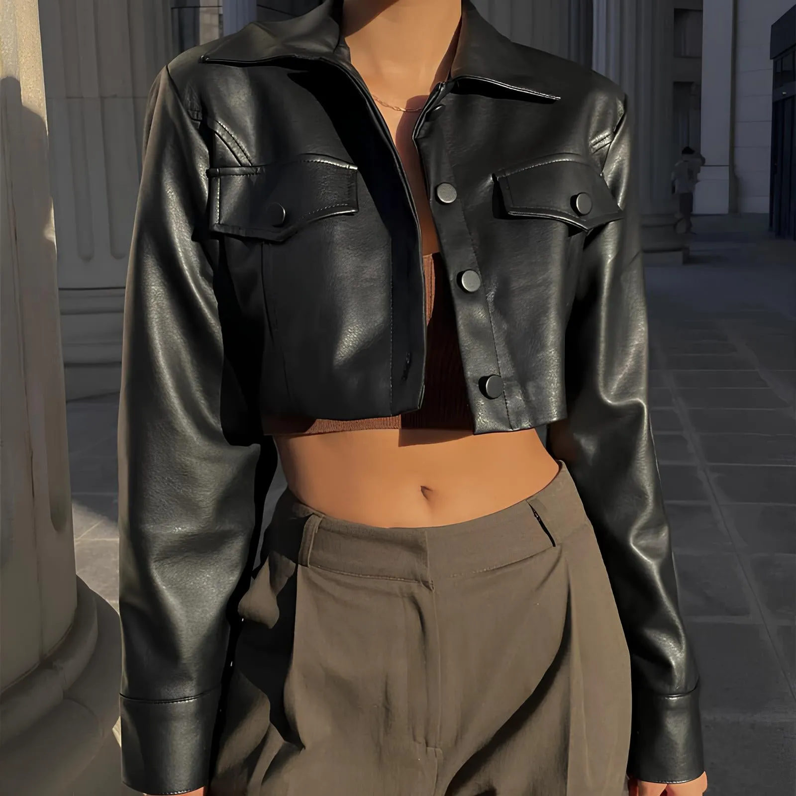 Autumn Faux Leather Short Jacket – Bold Y2K Street Style