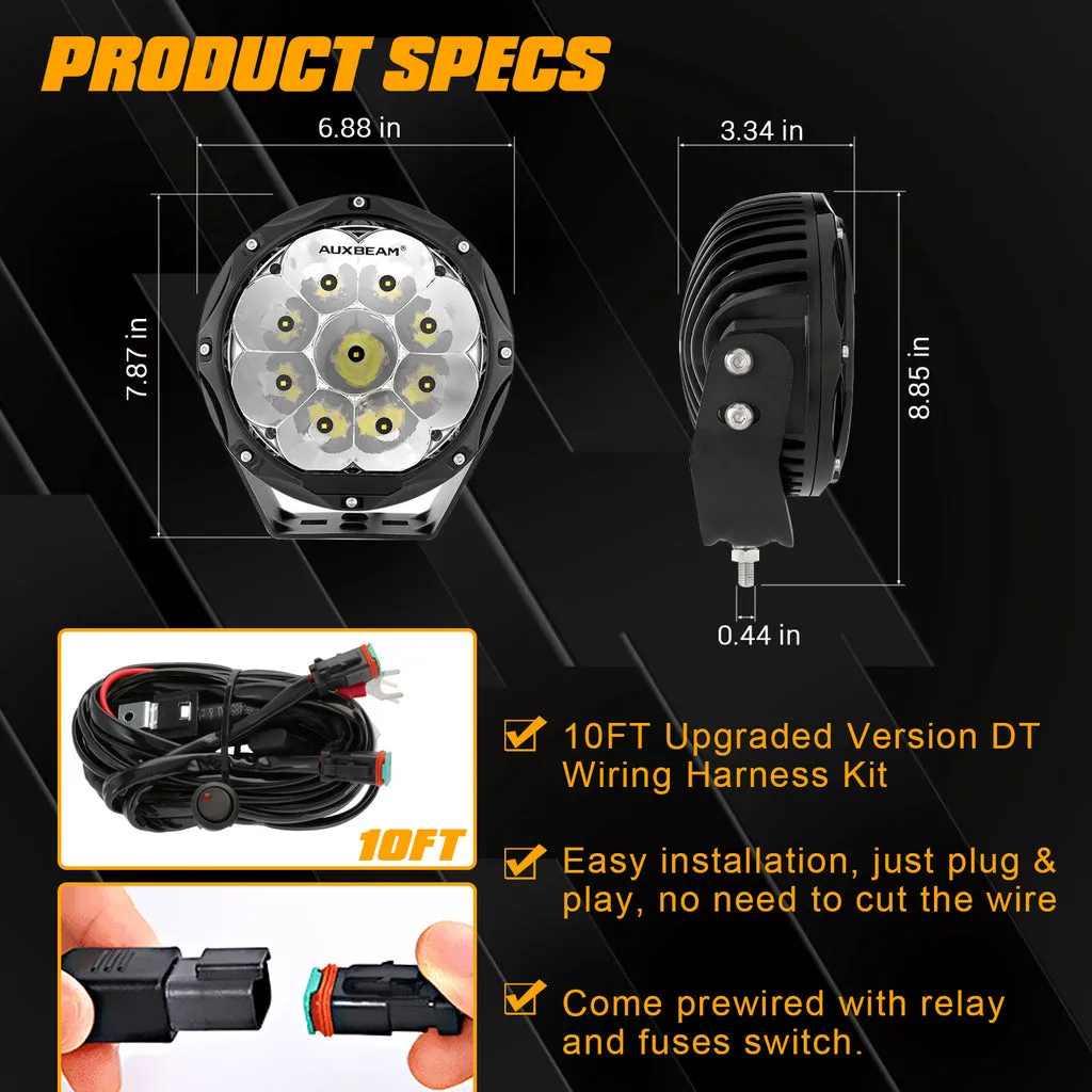 Auxbeam - 7 Inch 90W Round Spot Beam Offroad LED Driving Lights for SAE compliant