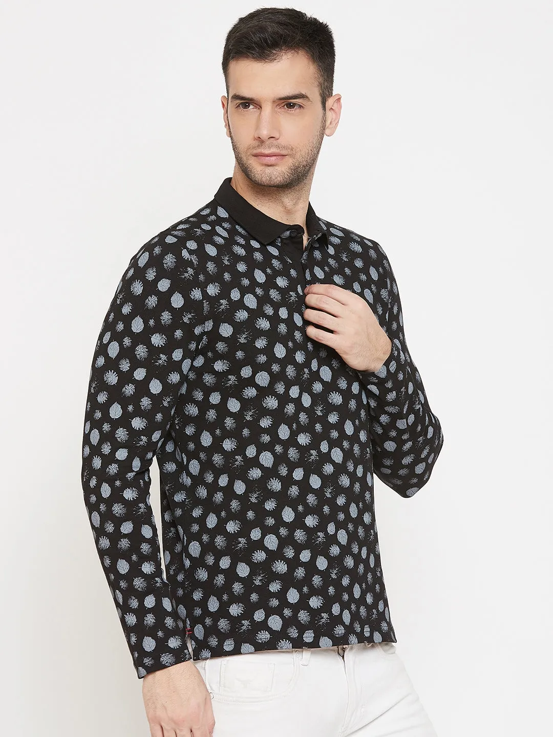 Black Printed Polo Neck T-Shirt