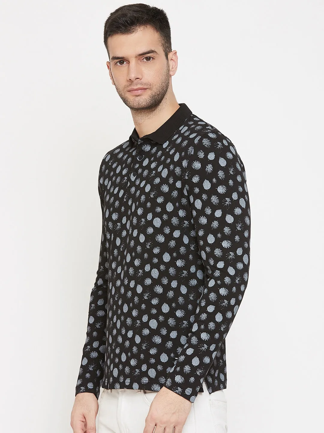 Black Printed Polo Neck T-Shirt