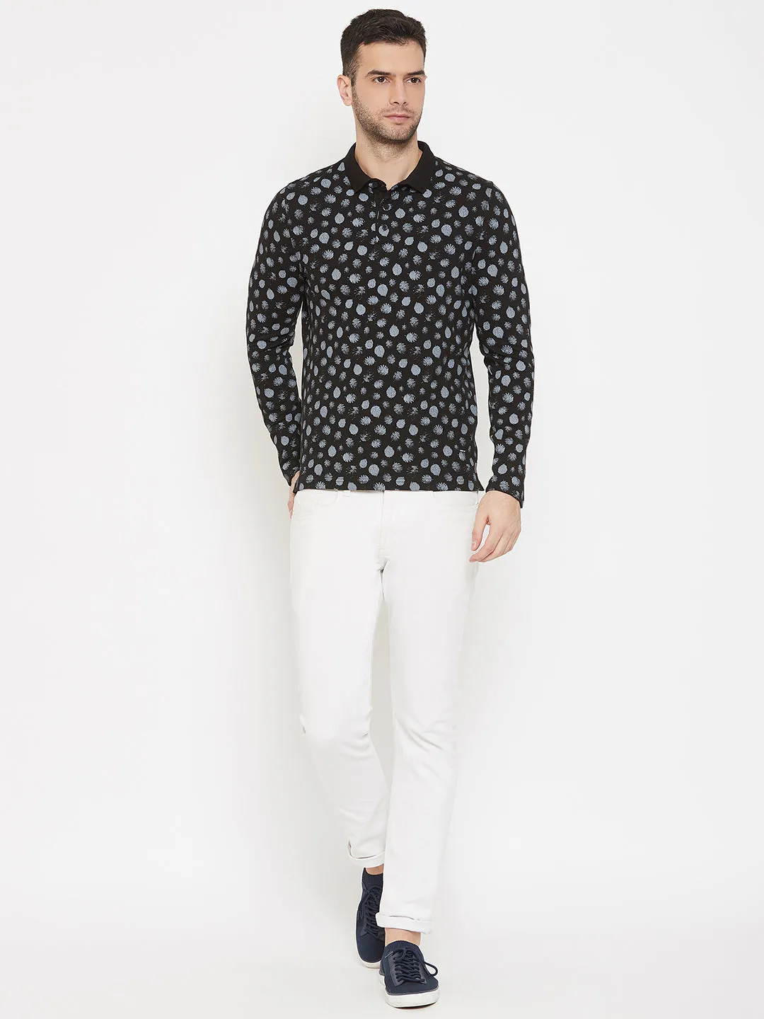 Black Printed Polo Neck T-Shirt