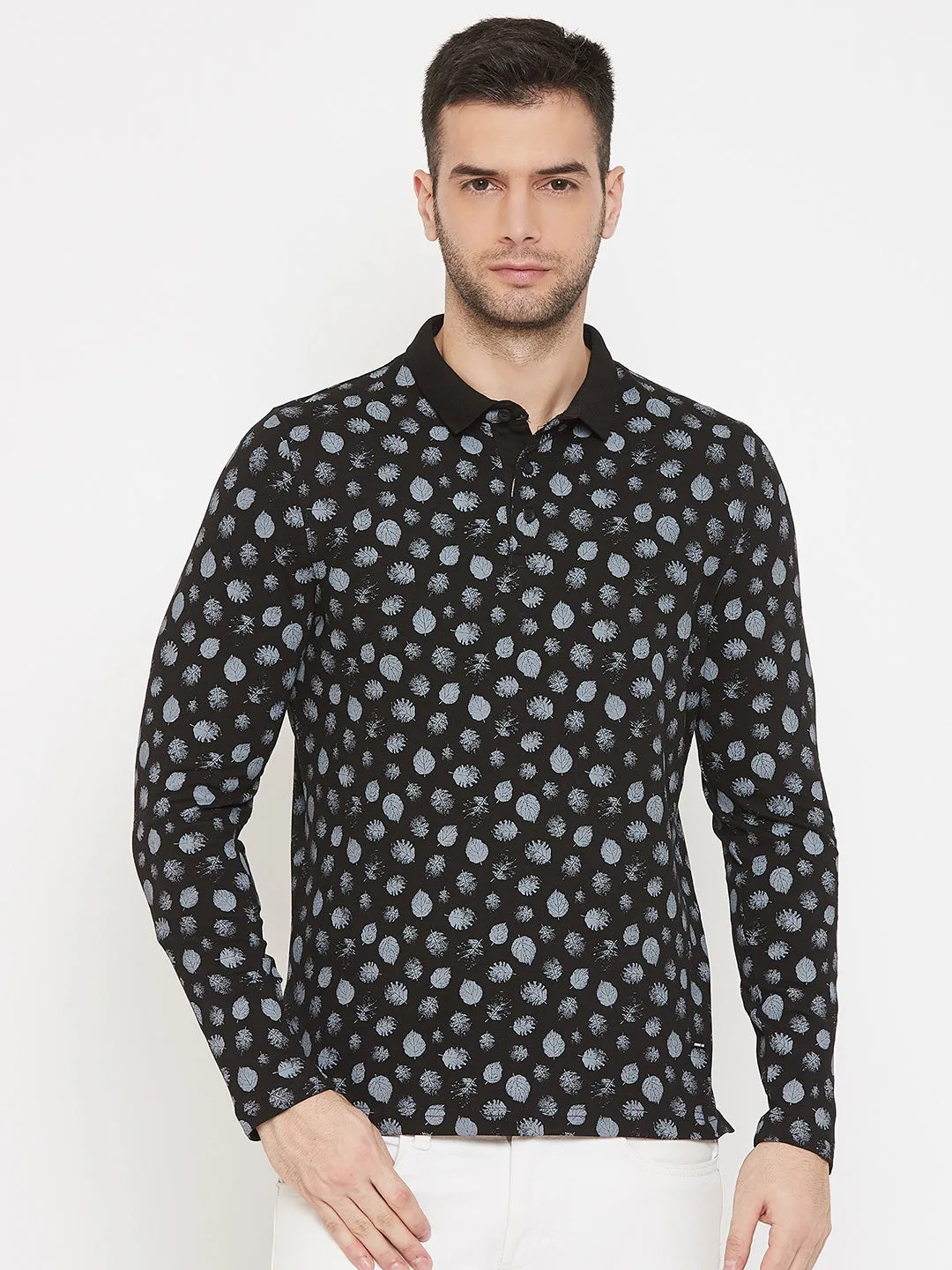 Black Printed Polo Neck T-Shirt