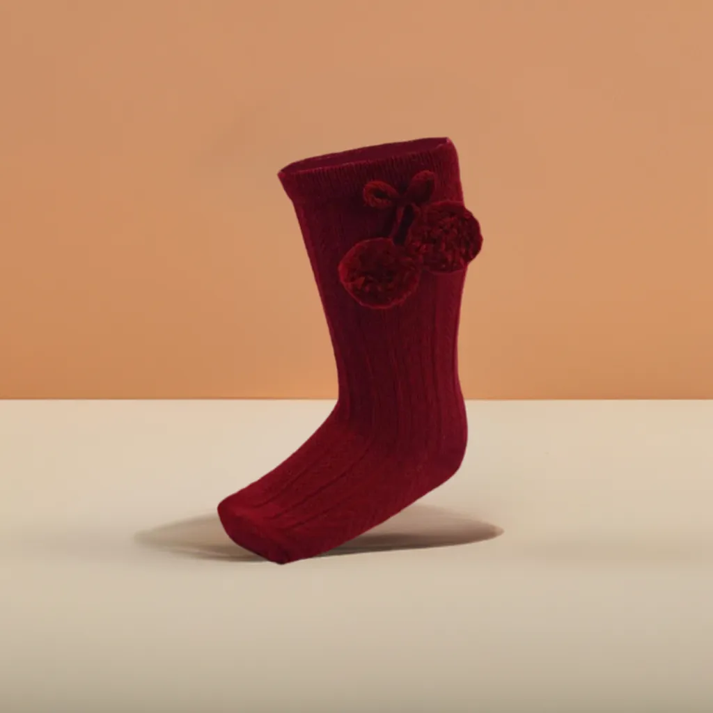 Burgundy Knee High Pom Socks
