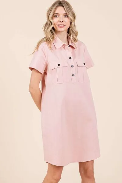 Button Detail Collared Neck Short Sleeve Shirt Dress
