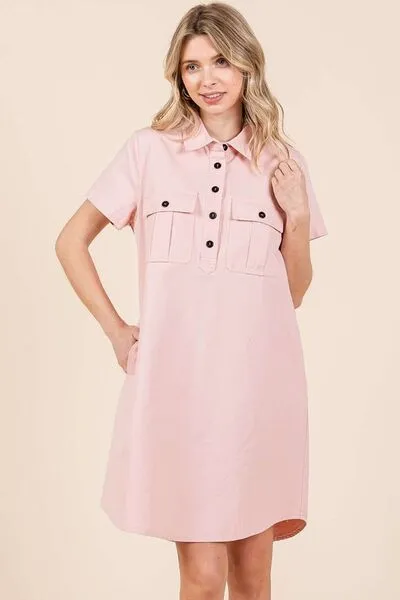 Button Detail Collared Neck Short Sleeve Shirt Dress