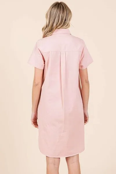 Button Detail Collared Neck Short Sleeve Shirt Dress