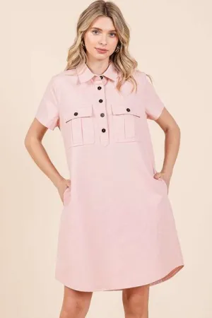 Button Detail Collared Neck Short Sleeve Shirt Dress
