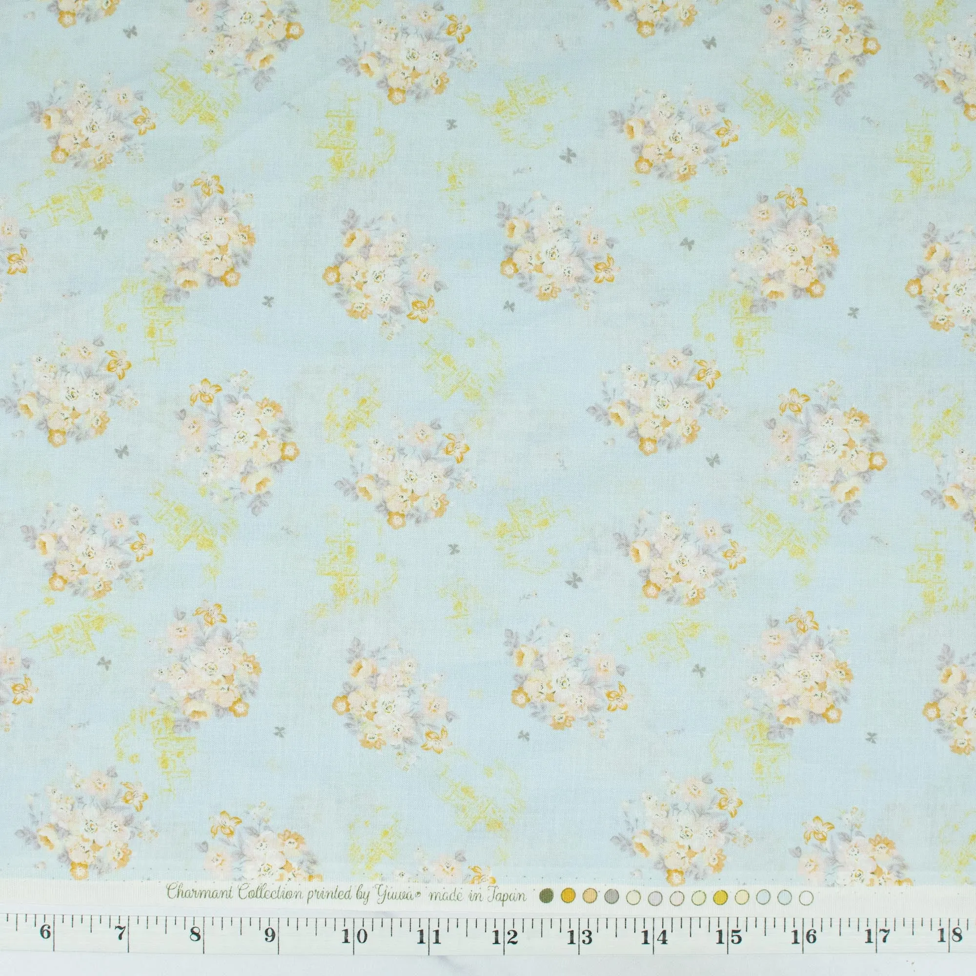 Charmant Collection - Soft Gentle Bouquets - Light Peach Flowers on Light Blue Background