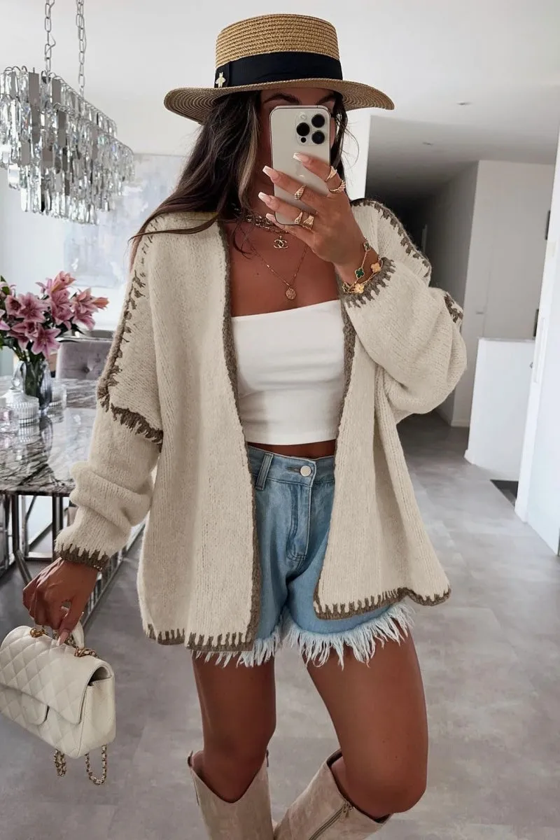 Chouyatou Women Fall Open Front Color Block Cardigan Sweater Casual Striped Chunky Knit Oversized Cardigan