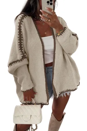 Chouyatou Women Fall Open Front Color Block Cardigan Sweater Casual Striped Chunky Knit Oversized Cardigan