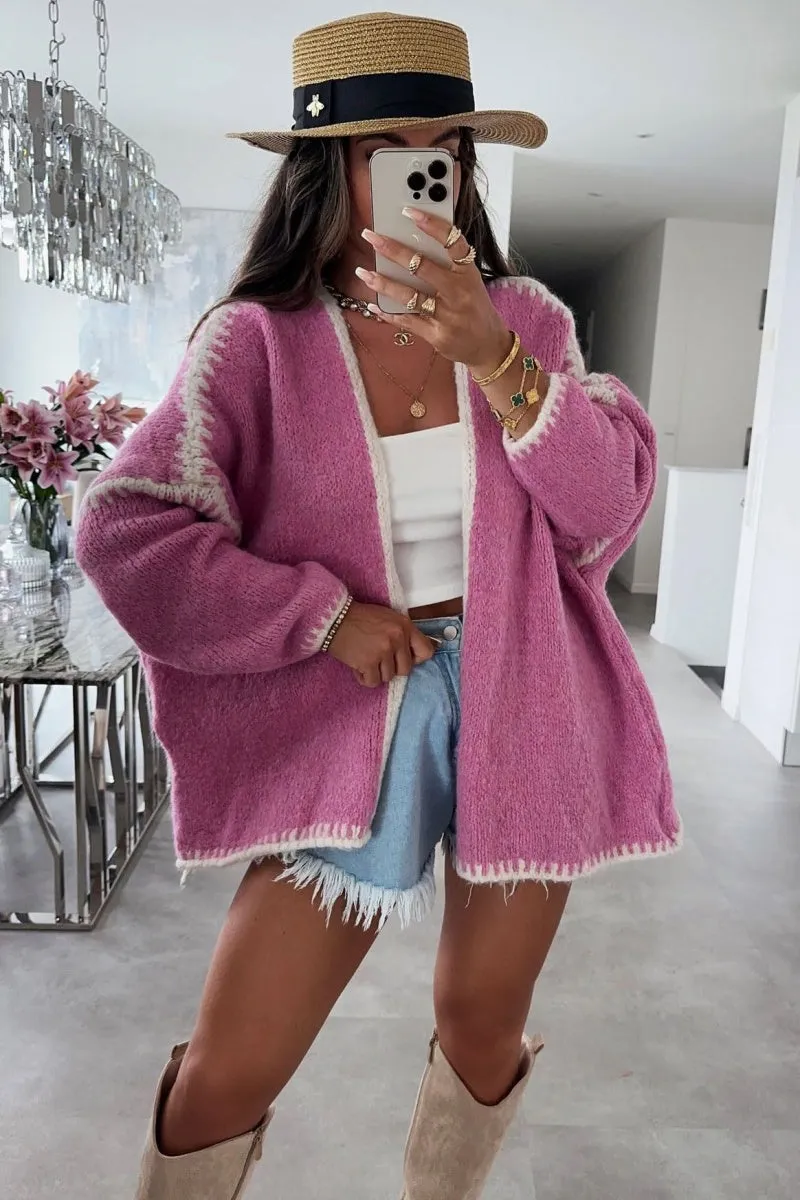 Chouyatou Women Fall Open Front Color Block Cardigan Sweater Casual Striped Chunky Knit Oversized Cardigan