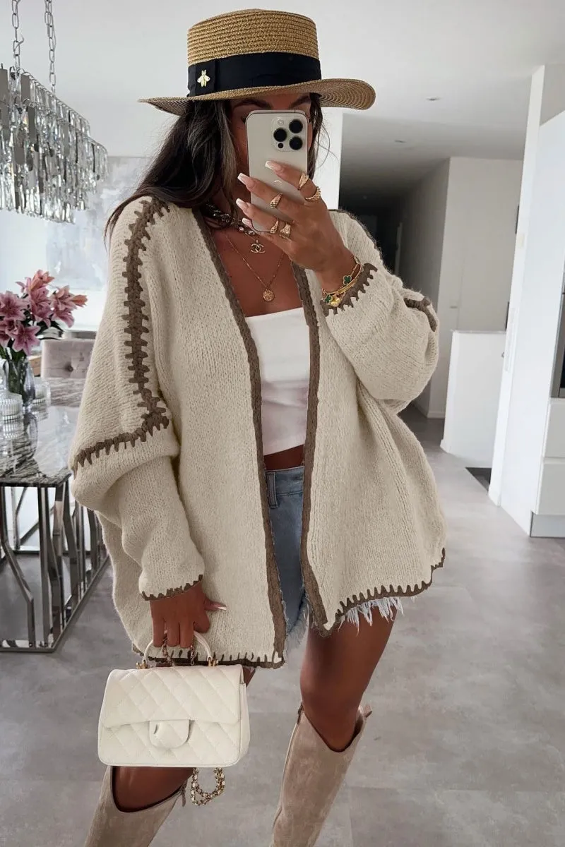 Chouyatou Women Fall Open Front Color Block Cardigan Sweater Casual Striped Chunky Knit Oversized Cardigan