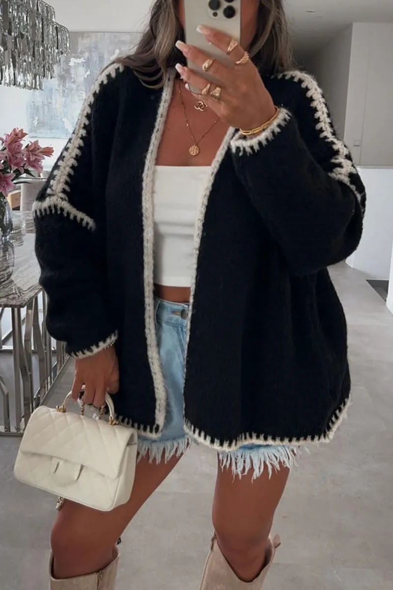 Chouyatou Women Fall Open Front Color Block Cardigan Sweater Casual Striped Chunky Knit Oversized Cardigan