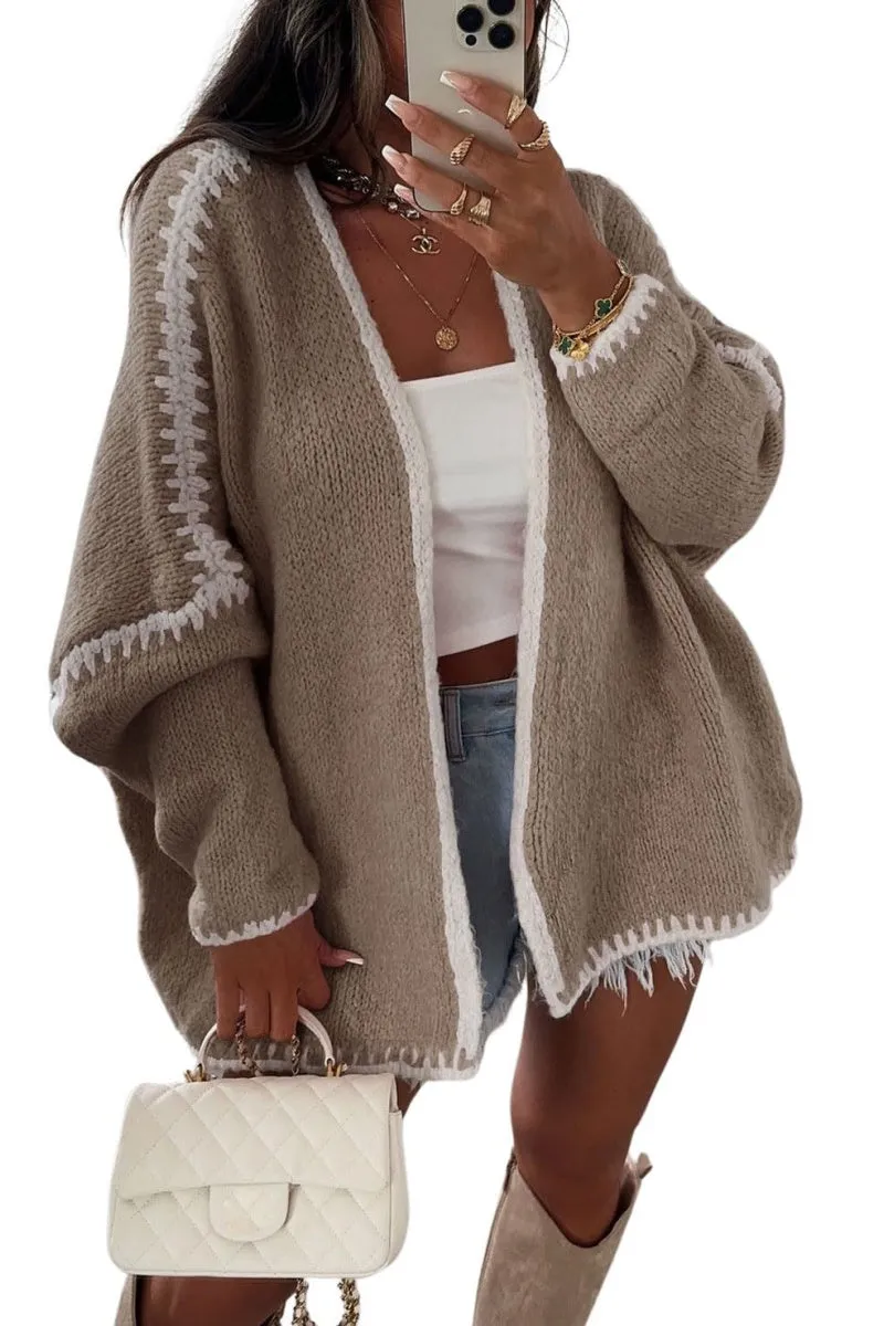 Chouyatou Women Fall Open Front Color Block Cardigan Sweater Casual Striped Chunky Knit Oversized Cardigan