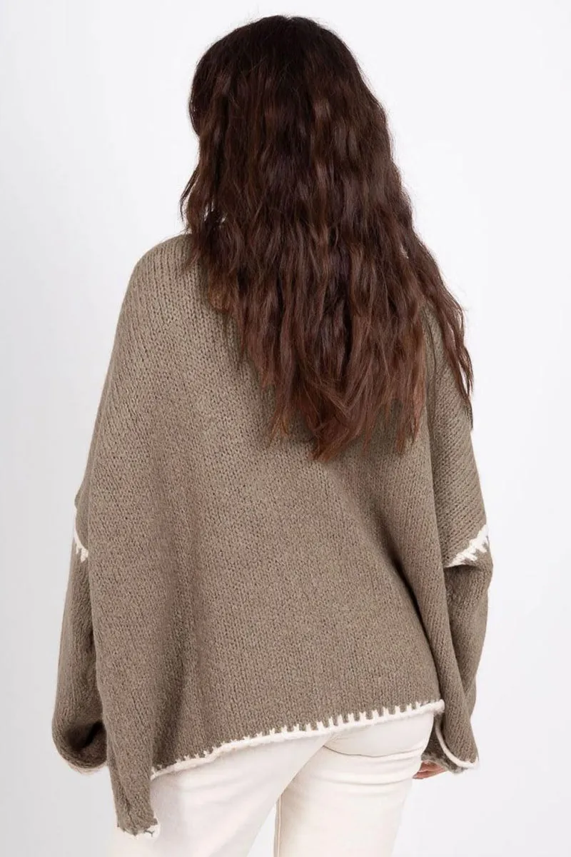 Chouyatou Women Fall Open Front Color Block Cardigan Sweater Casual Striped Chunky Knit Oversized Cardigan