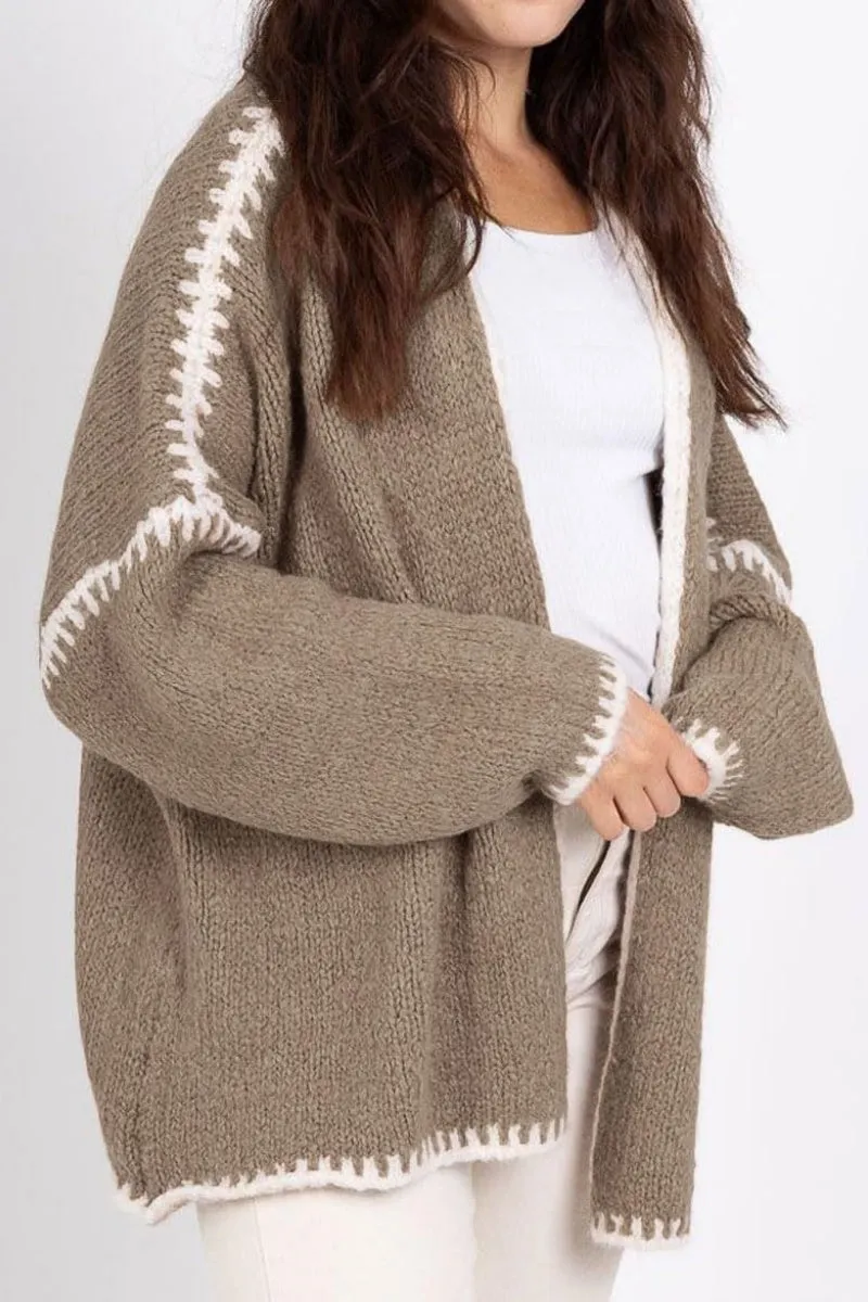 Chouyatou Women Fall Open Front Color Block Cardigan Sweater Casual Striped Chunky Knit Oversized Cardigan