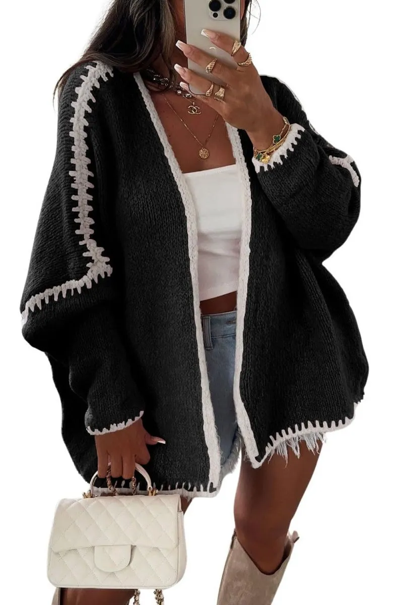 Chouyatou Women Fall Open Front Color Block Cardigan Sweater Casual Striped Chunky Knit Oversized Cardigan