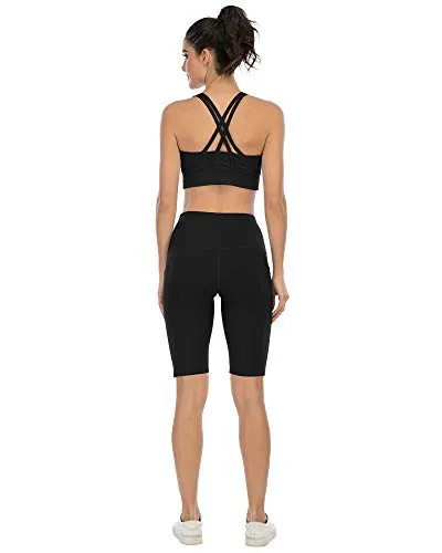 CHRLEISURE 3 Pack Biker Shorts for Women High Waist with Pockets - Spandex Yoga Tummy Control Shorts (3Packs 3Black, L)