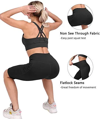 CHRLEISURE 3 Pack Biker Shorts for Women High Waist with Pockets - Spandex Yoga Tummy Control Shorts (3Packs 3Black, L)