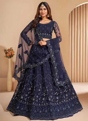 Dark Blue Floral Embroidered Stylish Lehenga Choli
