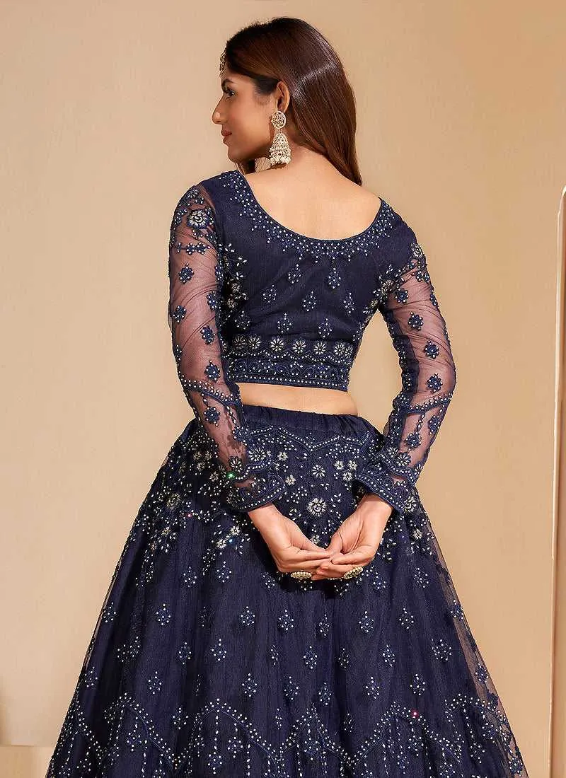 Dark Blue Floral Embroidered Stylish Lehenga Choli
