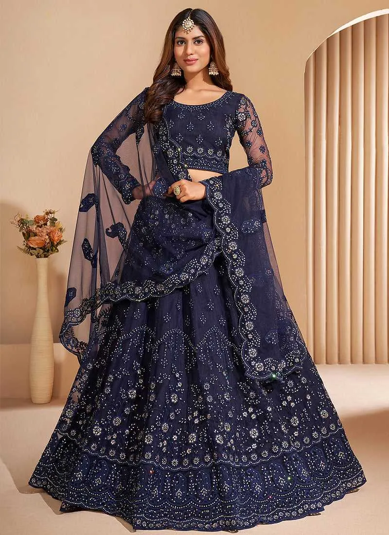 Dark Blue Floral Embroidered Stylish Lehenga Choli