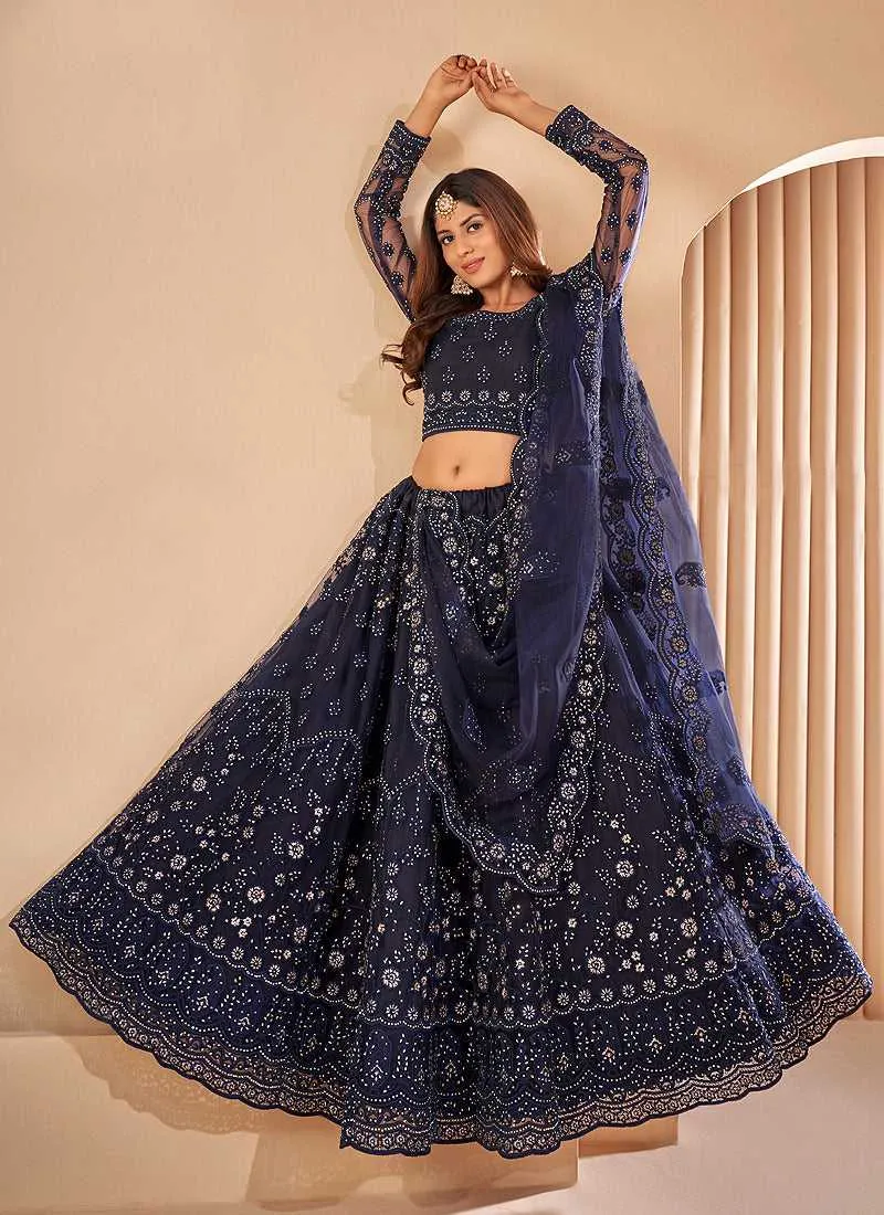 Dark Blue Floral Embroidered Stylish Lehenga Choli