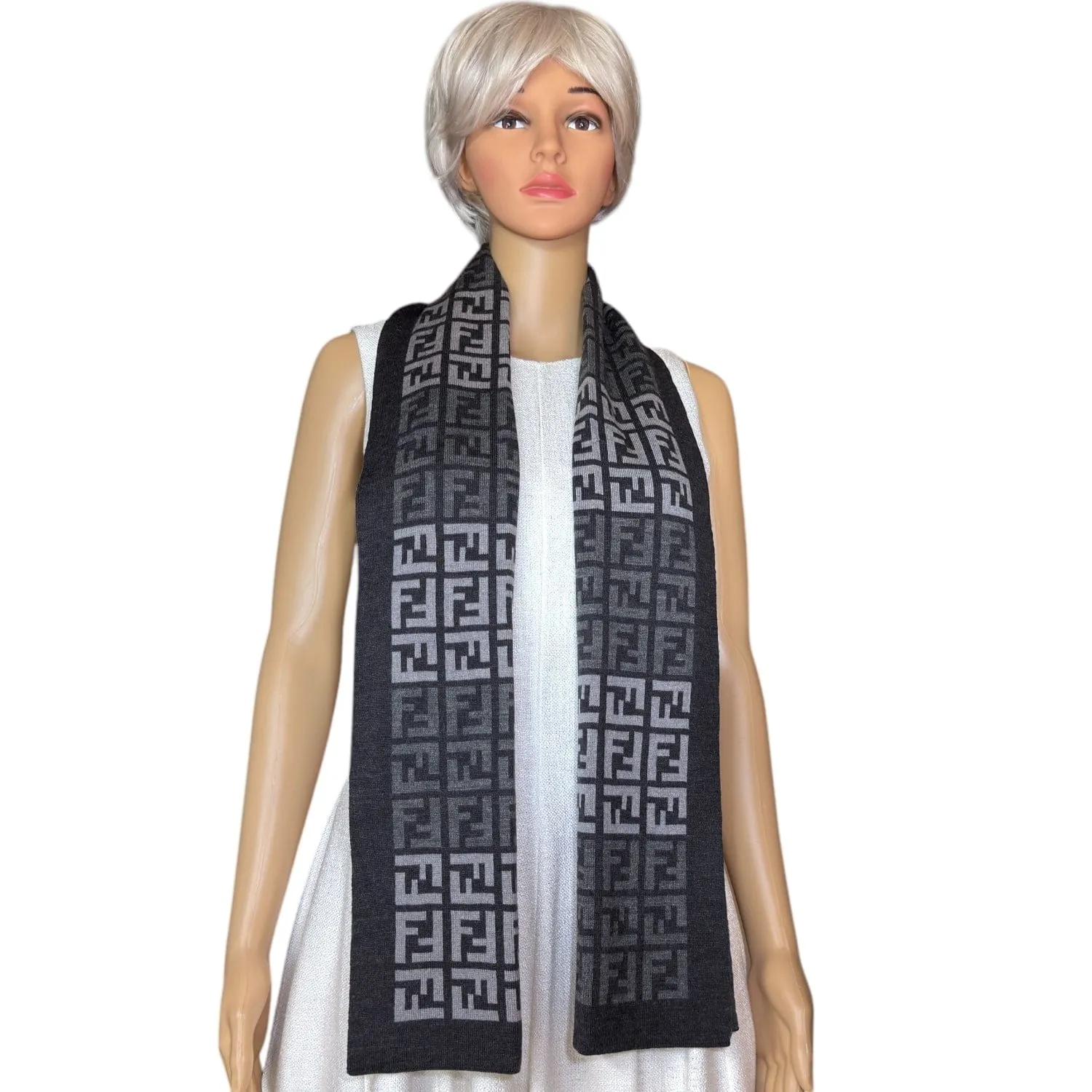 FENDI Unisex Wool FF Logo Scarf - Black & Grey