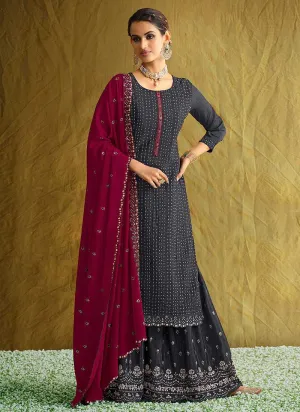 Grey and Pink Embroidered Stylish Palazzo Style Suit