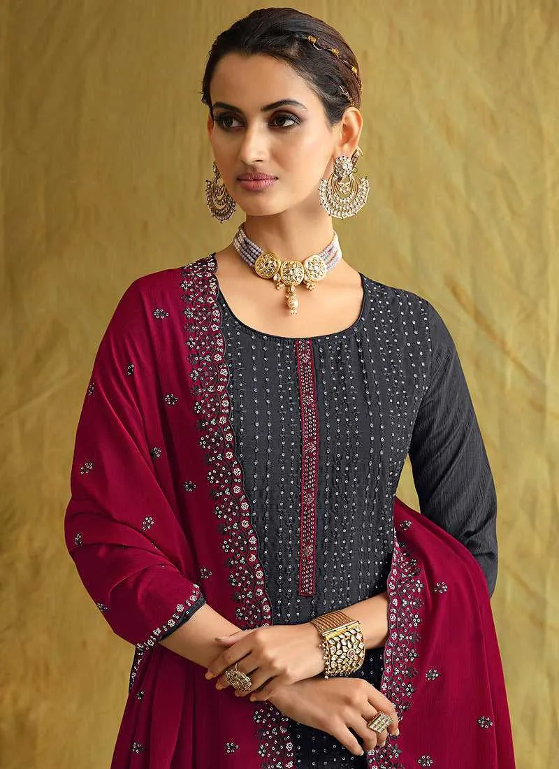 Grey and Pink Embroidered Stylish Palazzo Style Suit