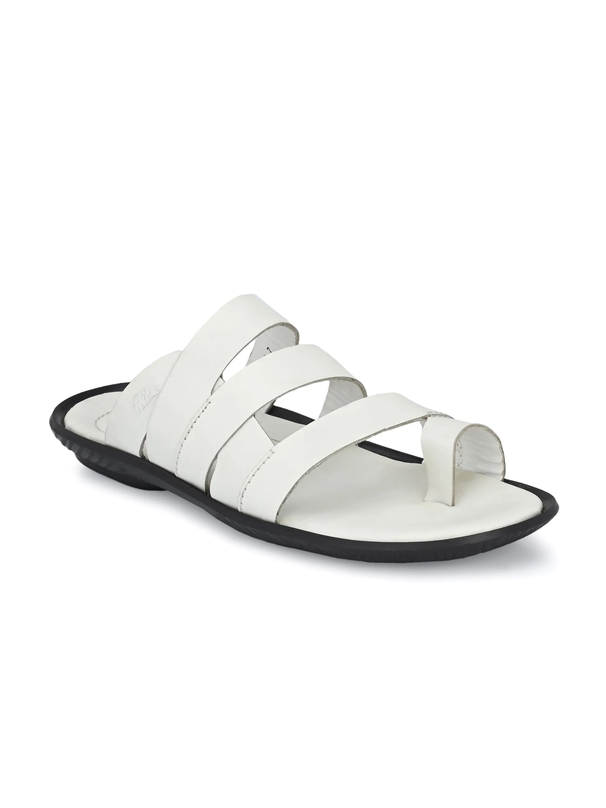 Hitz Men's White Leather Open Toe Indoor Outdoor Comfort Slippers