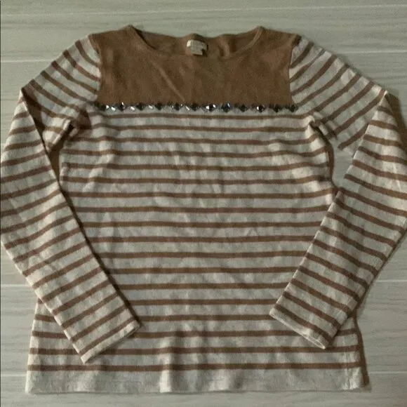 J. Crew Women's size small tan striped sweater sparkly trim preloved