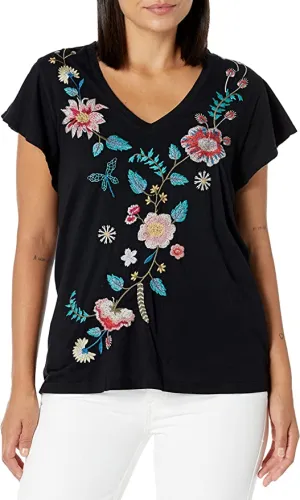 Johnny Was Grace Flutter Sleeve Tee Black Shirt Floral Embroidery Top Medium NEW