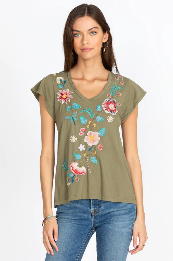Johnny Was Grace Flutter Sleeve Tee Black Shirt Floral Embroidery Top Medium NEW