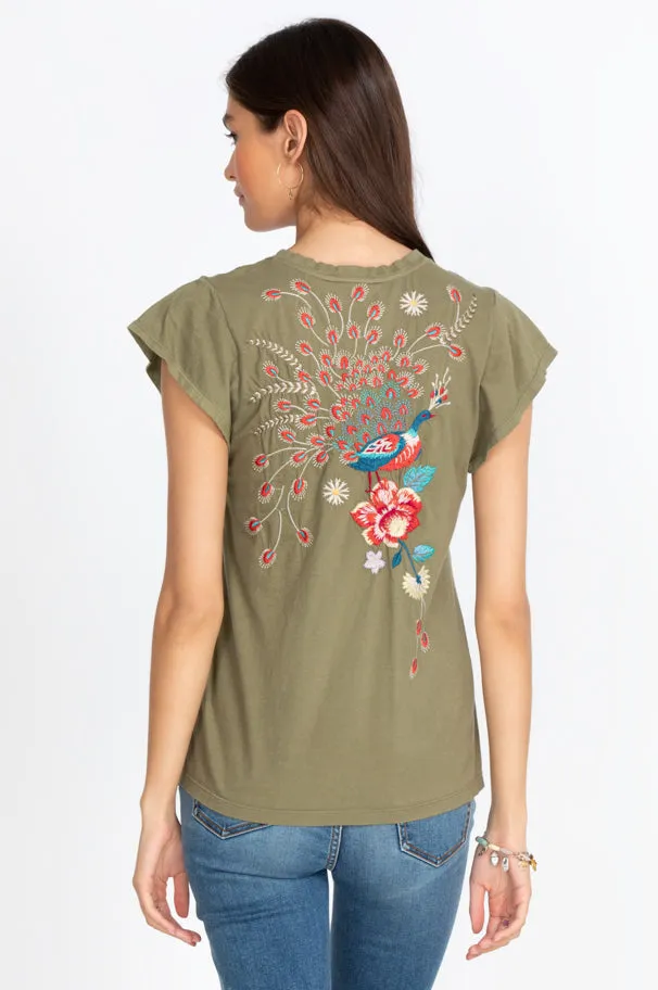 Johnny Was Grace Flutter Sleeve Tee Black Shirt Floral Embroidery Top Medium NEW