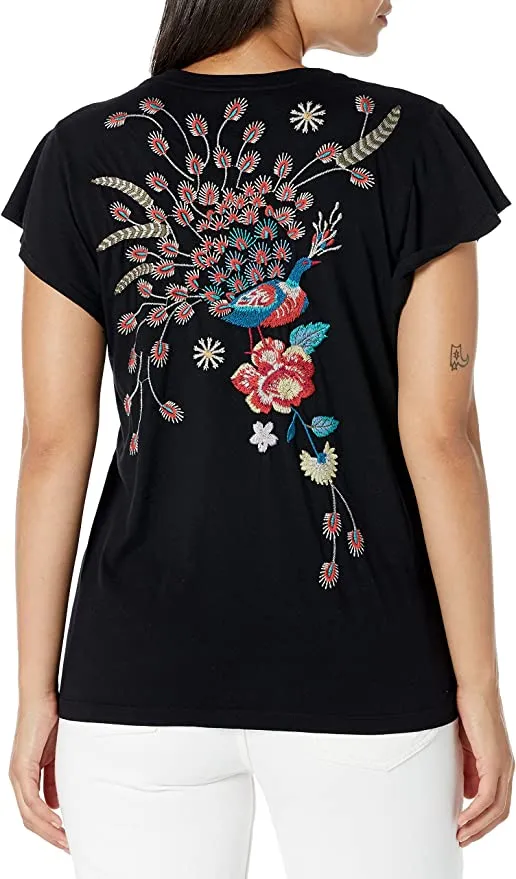 Johnny Was Grace Flutter Sleeve Tee Black Shirt Floral Embroidery Top Medium NEW