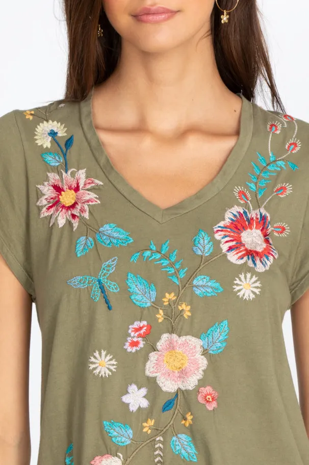 Johnny Was Grace Flutter Sleeve Tee Black Shirt Floral Embroidery Top Medium NEW