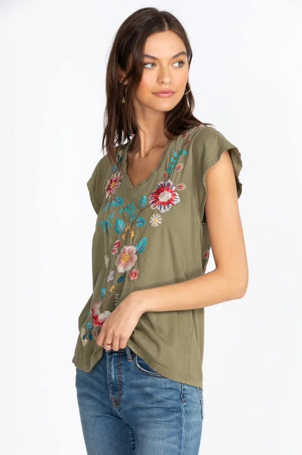 Johnny Was Grace Flutter Sleeve Tee Black Shirt Floral Embroidery Top Medium NEW