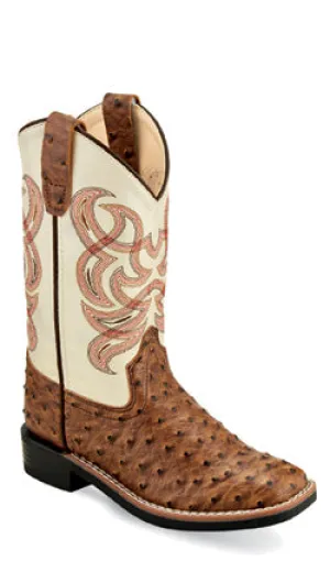 KIDS (8.5-3) TAN OSTRICH PRINT SQ TOE BOOT