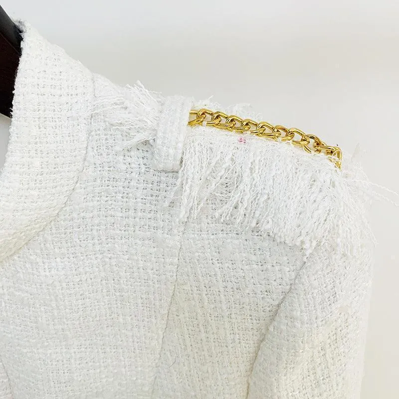 Lion's Head Button Woven Tweed Tassel Dress