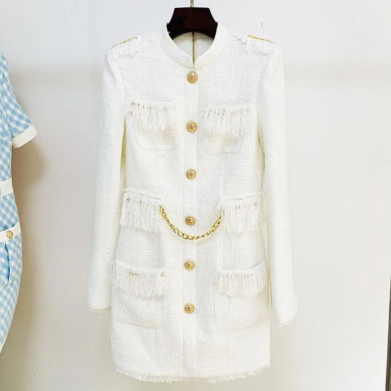 Lion's Head Button Woven Tweed Tassel Dress