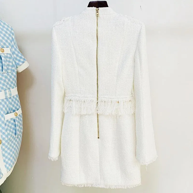 Lion's Head Button Woven Tweed Tassel Dress