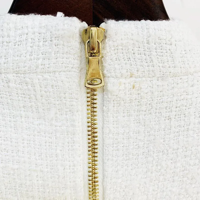 Lion's Head Button Woven Tweed Tassel Dress