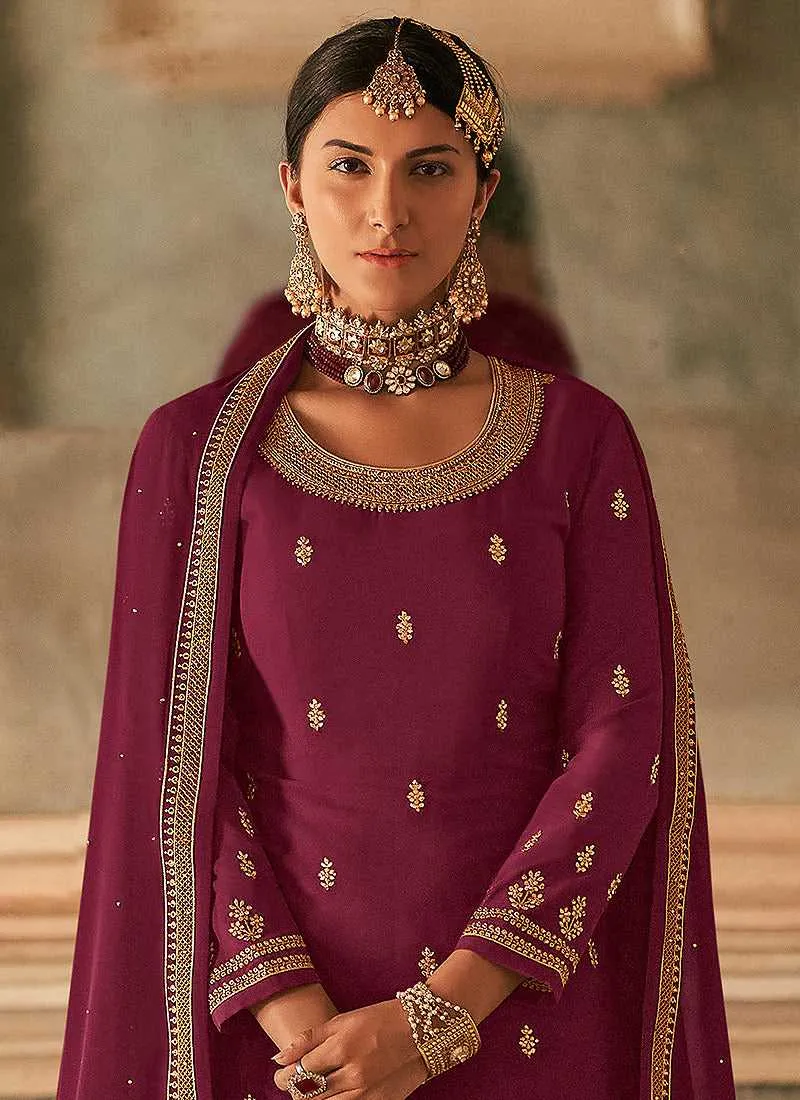 Maroon and Gold Heavy Embroidered Stylish Palazzo Suit
